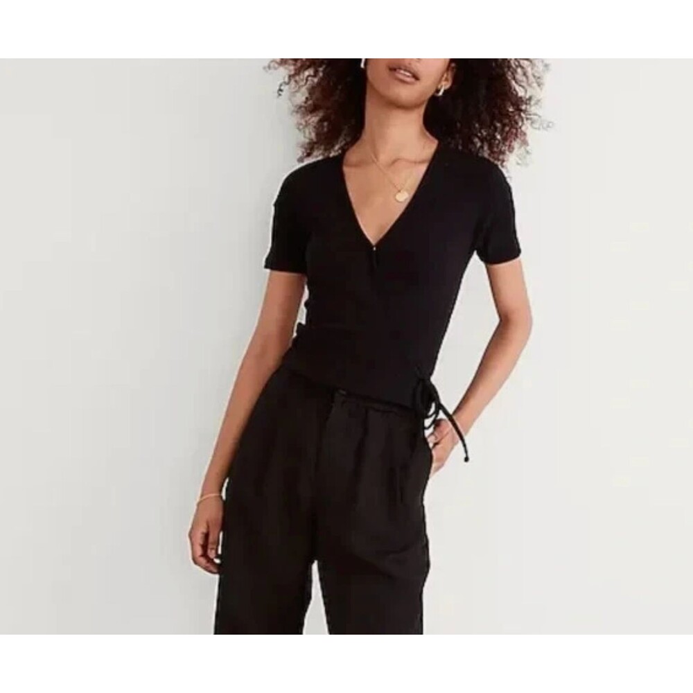 Madewell Womens Short Sleeve Ribbed Wrap Crop Top in Black Sz XS